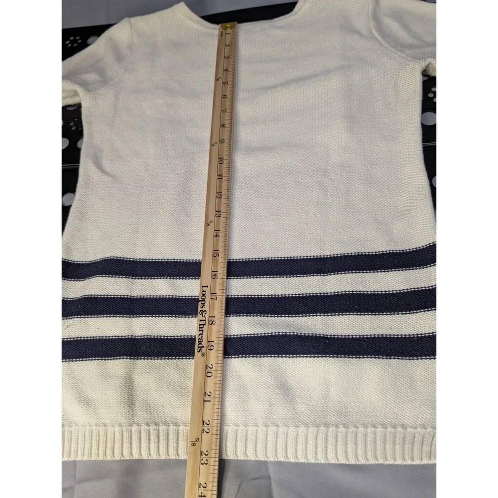 LOFT XS Nautical Stripe Sweater Cream Navy Cotton Button Shoulder Breton‎